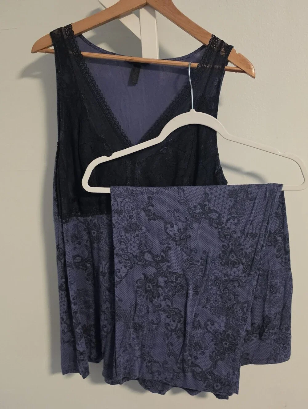 Soma Cool Nights Lace Trim Pajama Set Navy Purple Black Lace Print Large
